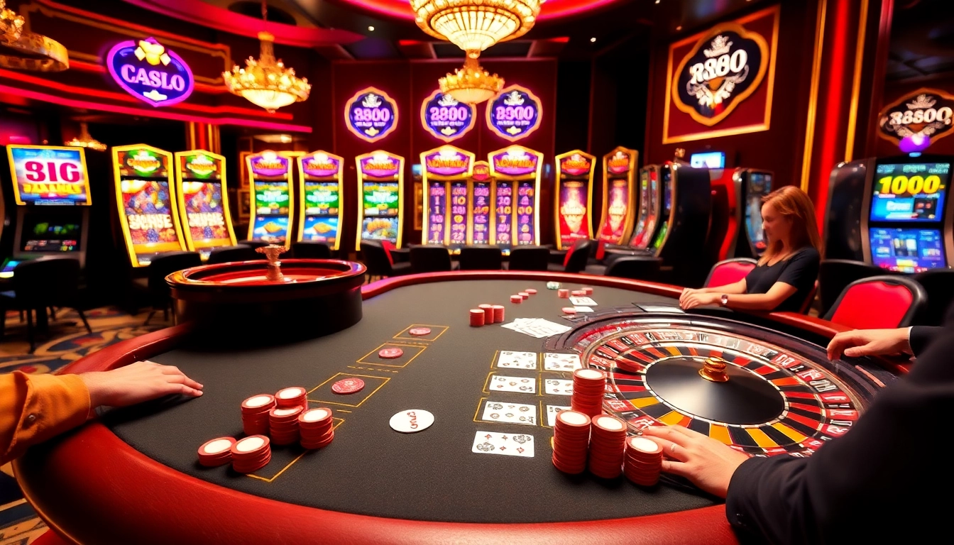 Experience the thrill of the rr88 game at a luxurious casino with poker tables and roulette wheels.