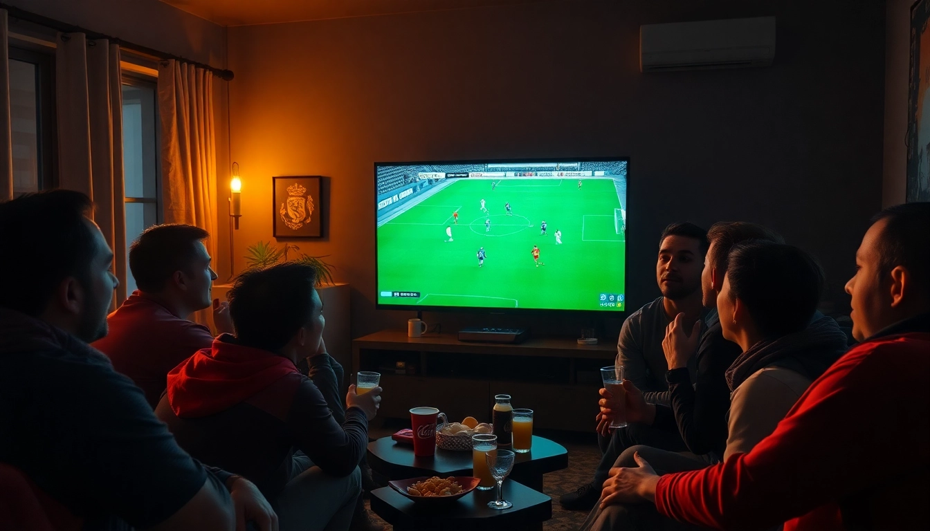CakhiaTV football fans excitedly watching a live match in HD, showcasing a vibrant atmosphere.