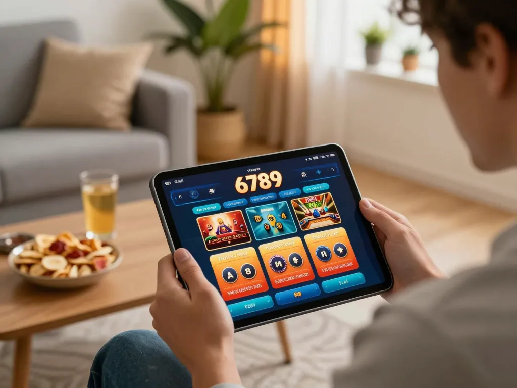 Engaging with Trang chủ 6789 casino app on tablet in cozy living room setting.