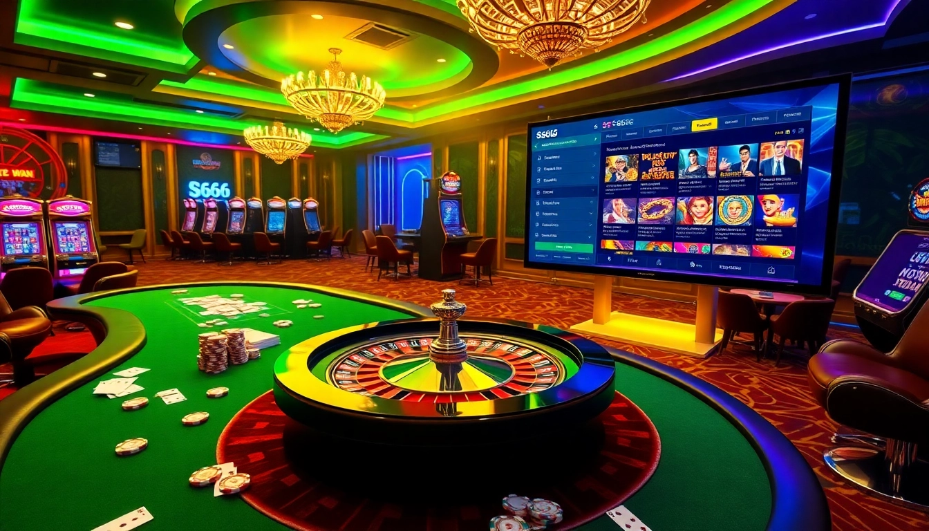 S666 casino scene with vibrant tables, poker chips, and a roulette wheel, showcasing an exciting gambling experience.