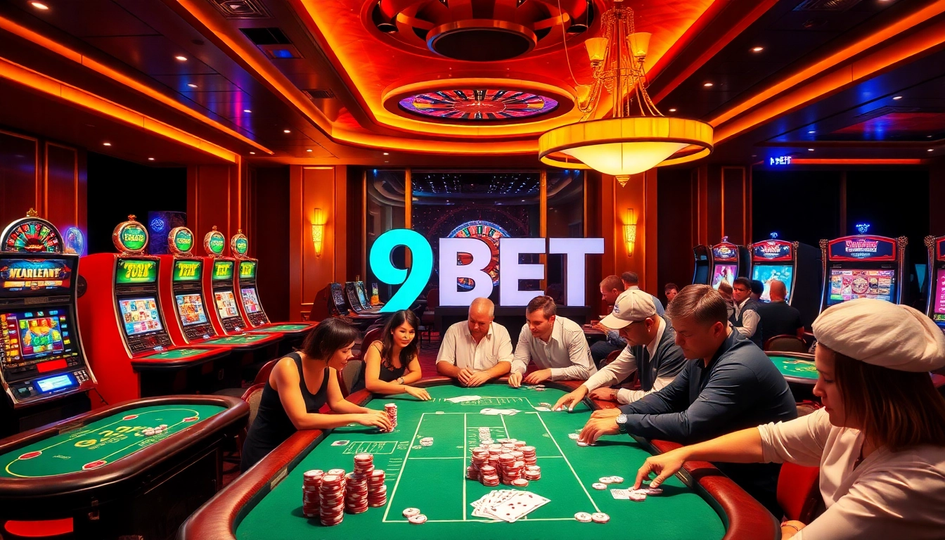 Players enjoying a thrilling game night at 9BET casino with poker chips and roulette wheel.