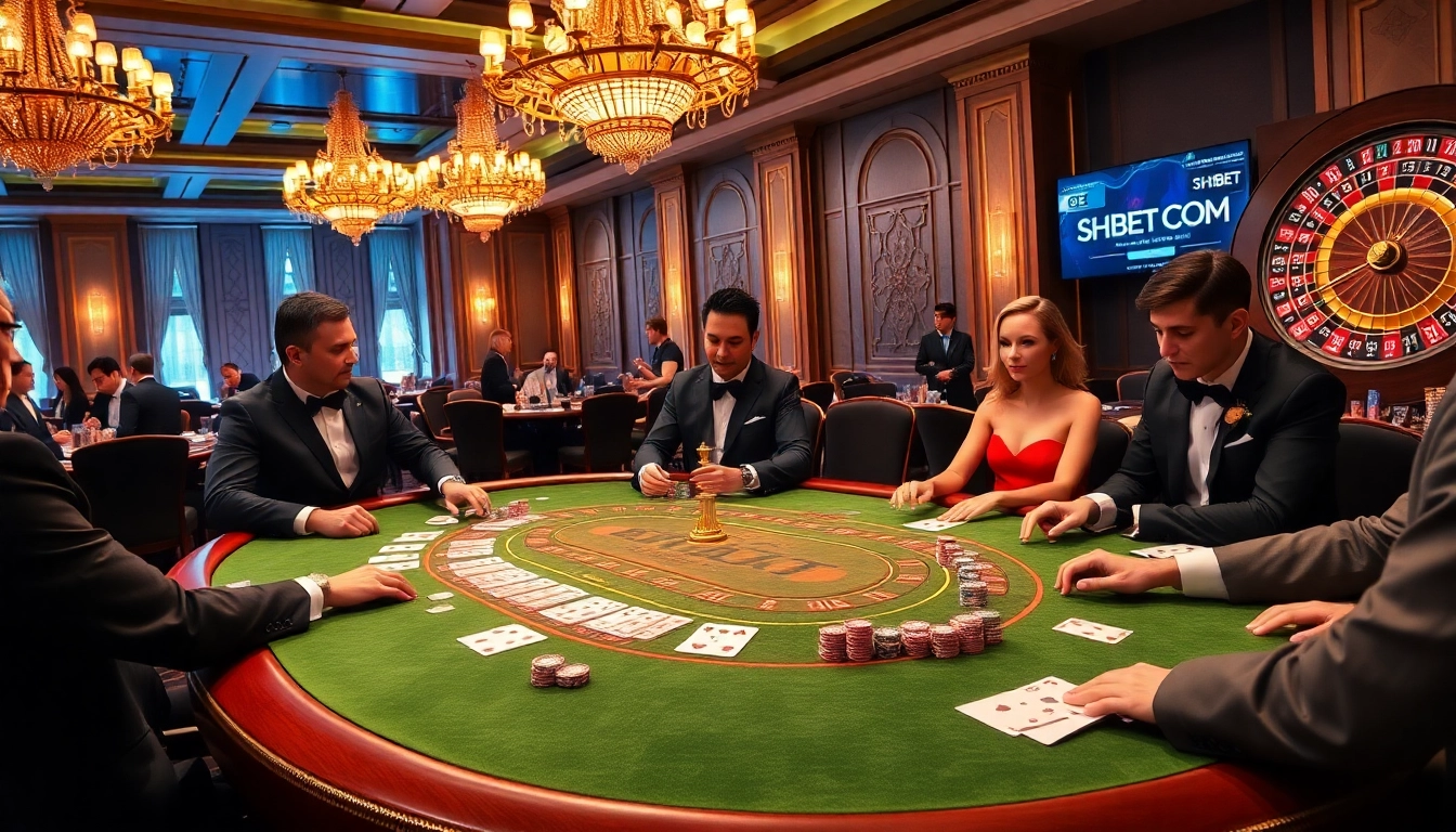 Intensely focused players at a SHBET COM poker table in a luxurious casino setting.