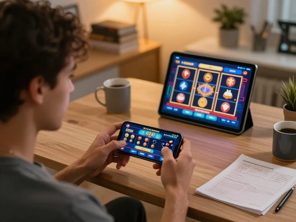 Engaged user experiencing vu88a casino app on smartphone at home, showcasing strategic gaming.
