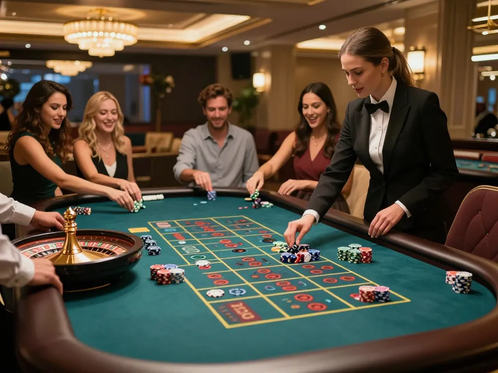Players engaging in an exciting roulette game at a luxurious casino table, showcasing the excitement of kk44 betting