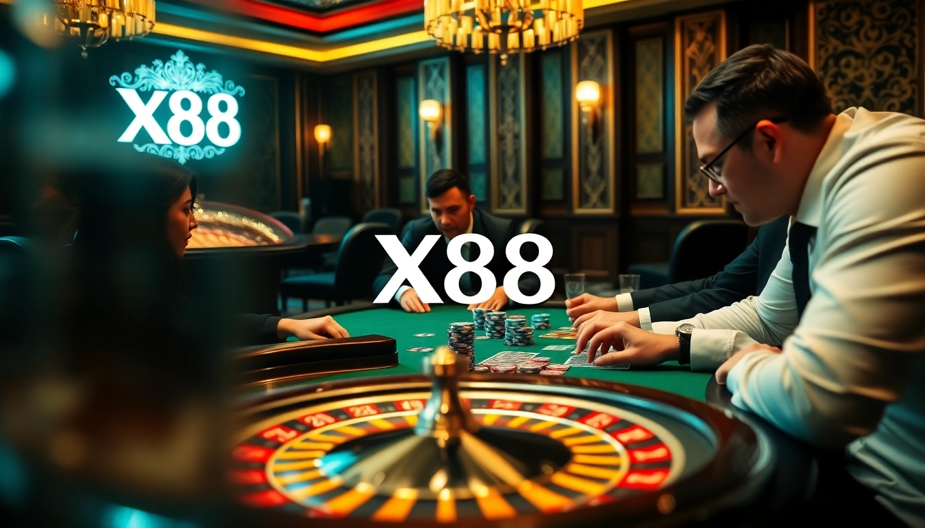X88 casino players strategizing at a high-stakes poker table in an elegant setting.