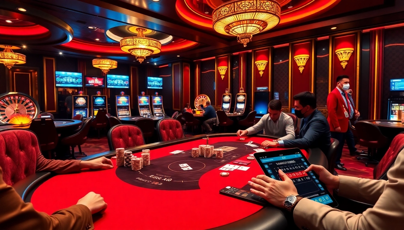 Xoso66 gamblers enjoying a thrilling poker game at an upscale casino table.