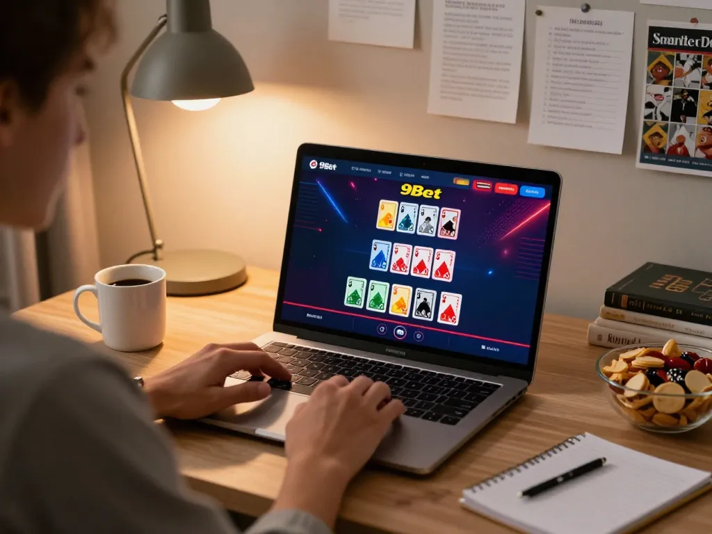 Engaging online gaming experience with 9Bet displayed on laptop screen in a cozy home setting