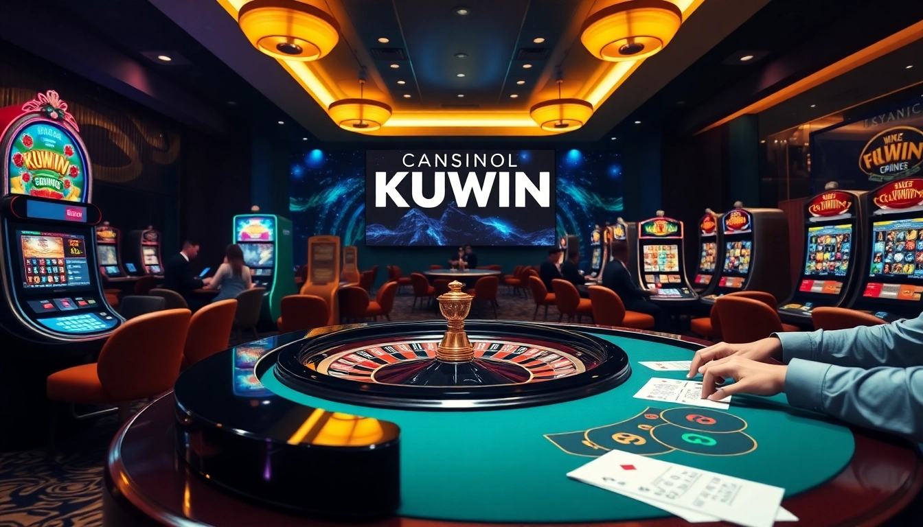 Kuwin online gambling interface showcasing a thrilling casino atmosphere with roulette and poker.