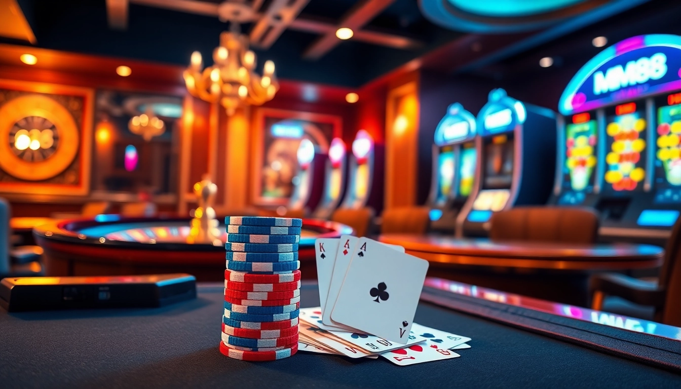 Experience the thrill of MM88 with vibrant poker chips and an elegant casino atmosphere.