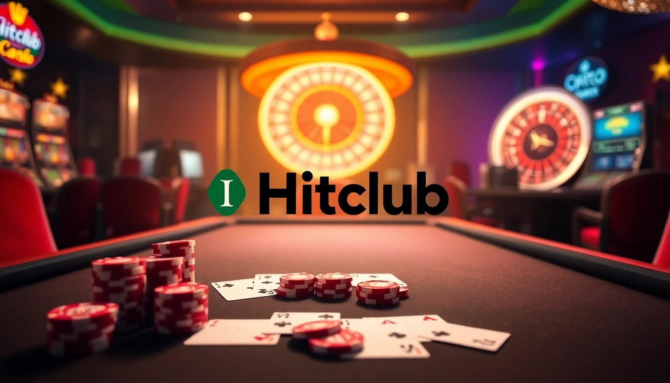 Hitclub online casino vibrant interface with cards, chips, and roulette wheel.