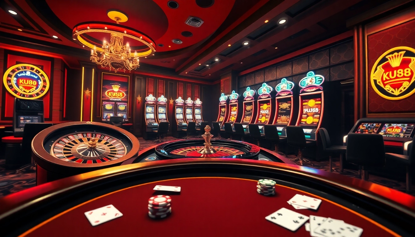 Experience thrilling gambling action at Ku88 with live poker, roulette, and vibrant slot machines.