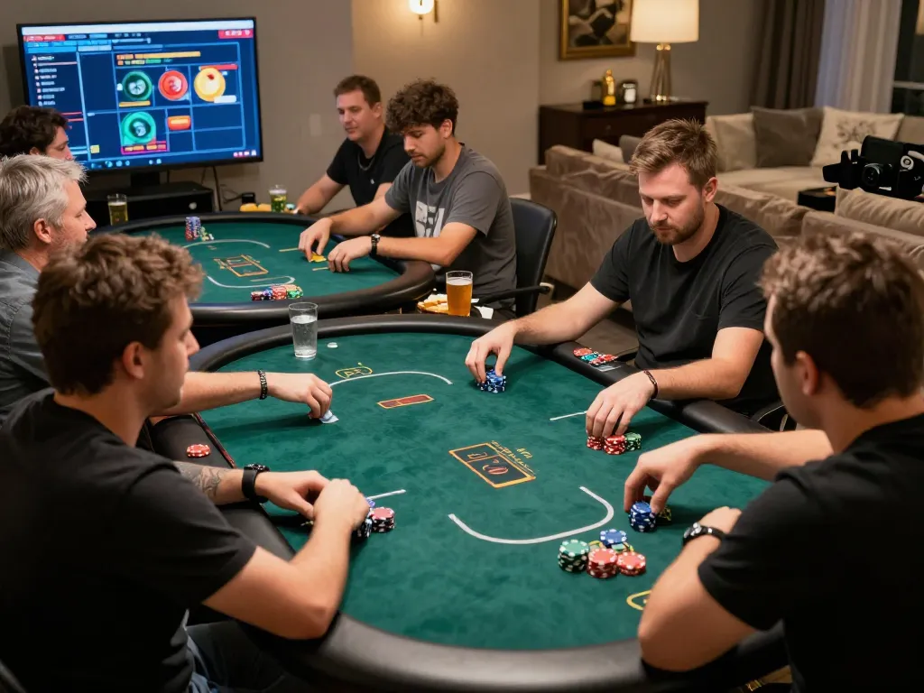 Lode88 online poker players engaged in strategy and gameplay in a lively home setting