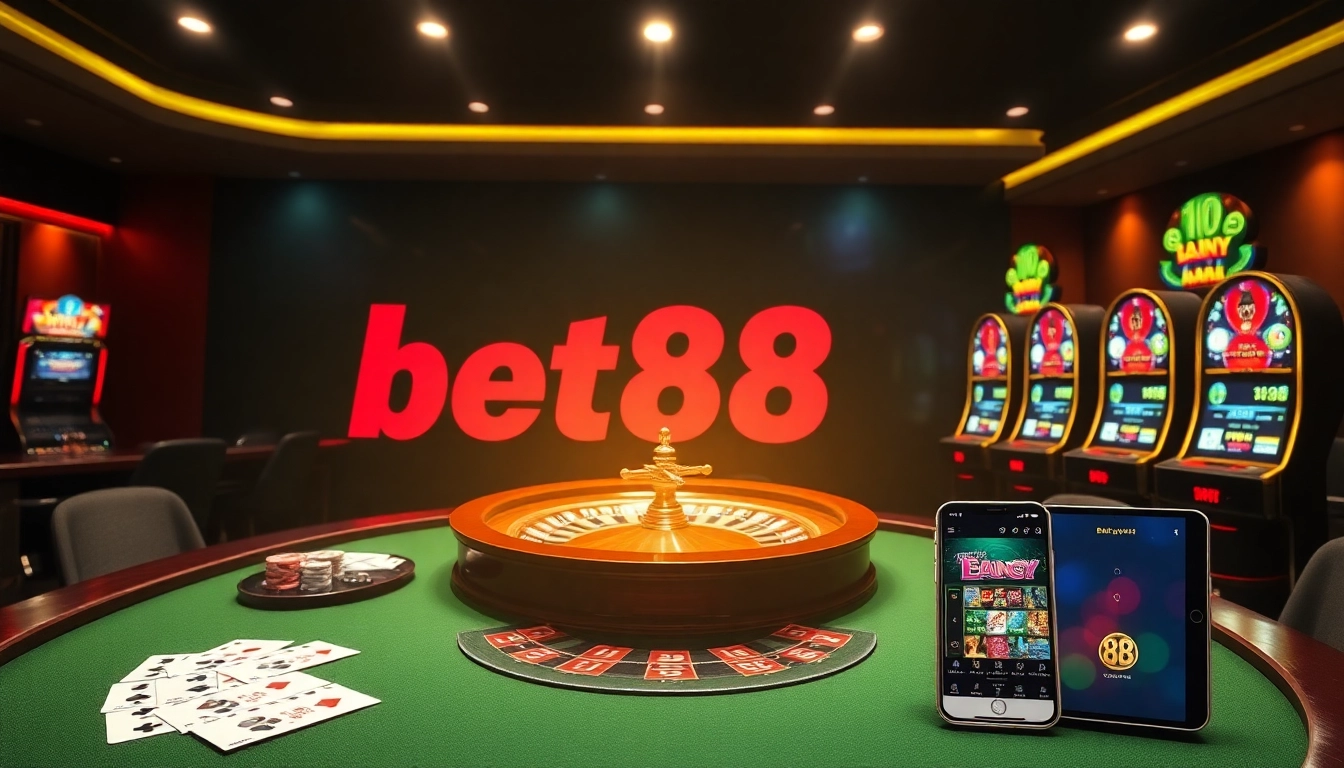 Experience thrilling gameplay at Bet88 com with an engaging online casino interface featuring poker tables and slot machines.