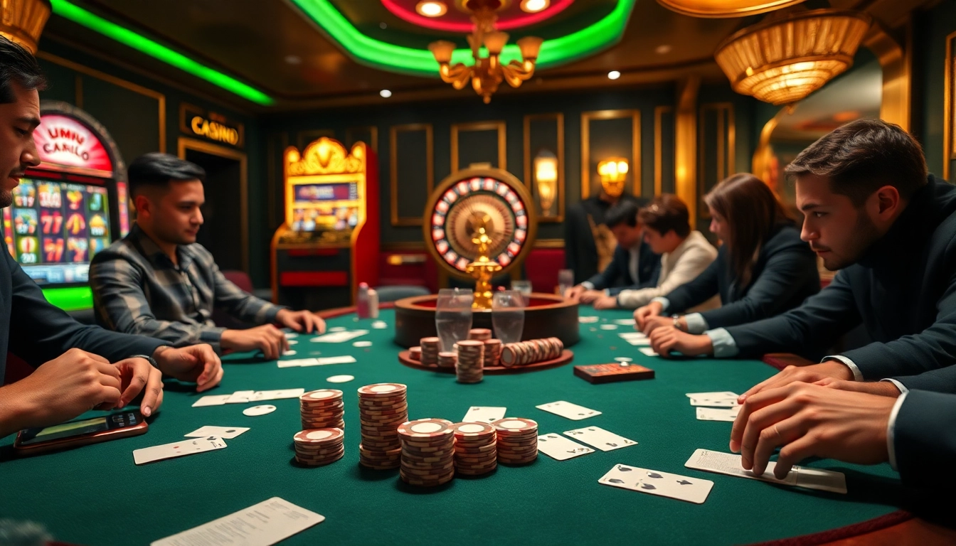 Engaged players enjoying poker at MM88's vibrant online casino with stacks of chips.