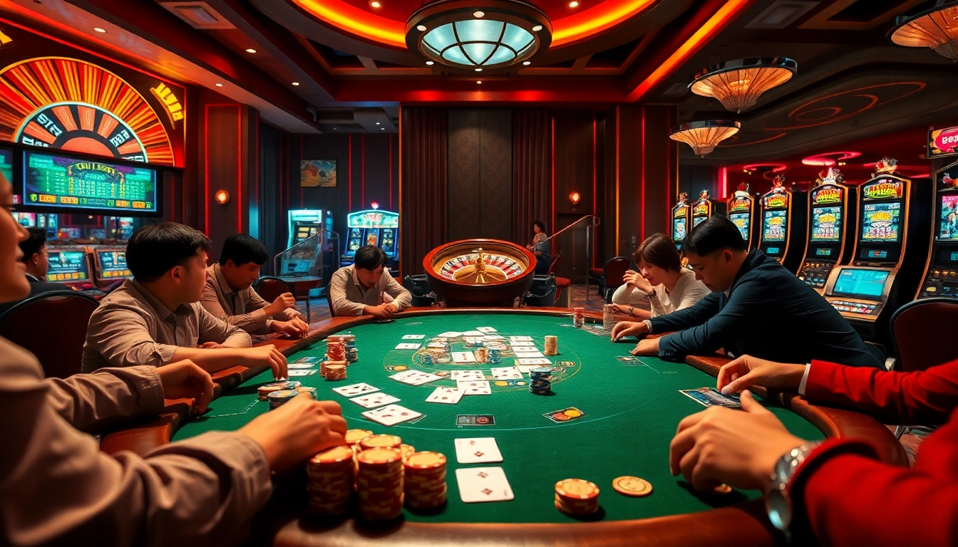 Kết quả xổ số displayed in a vivid casino scene with poker, roulette, and vibrant gaming action.