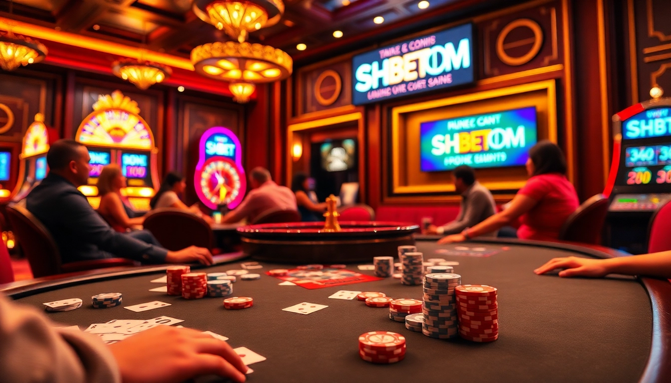 Experience high-stakes gameplay at SHBET COM with vibrant casino visuals featuring roulette and poker action.