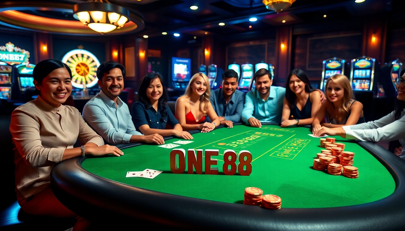 ONE88 poker table featuring engaged players in a luxurious casino setting.