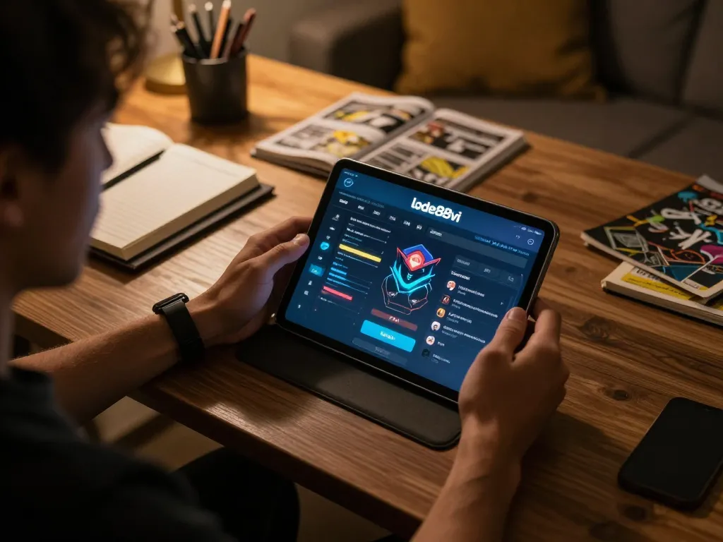 Player engaging with the lode88vi online casino app in a cozy home setup, showcasing responsible gambling.