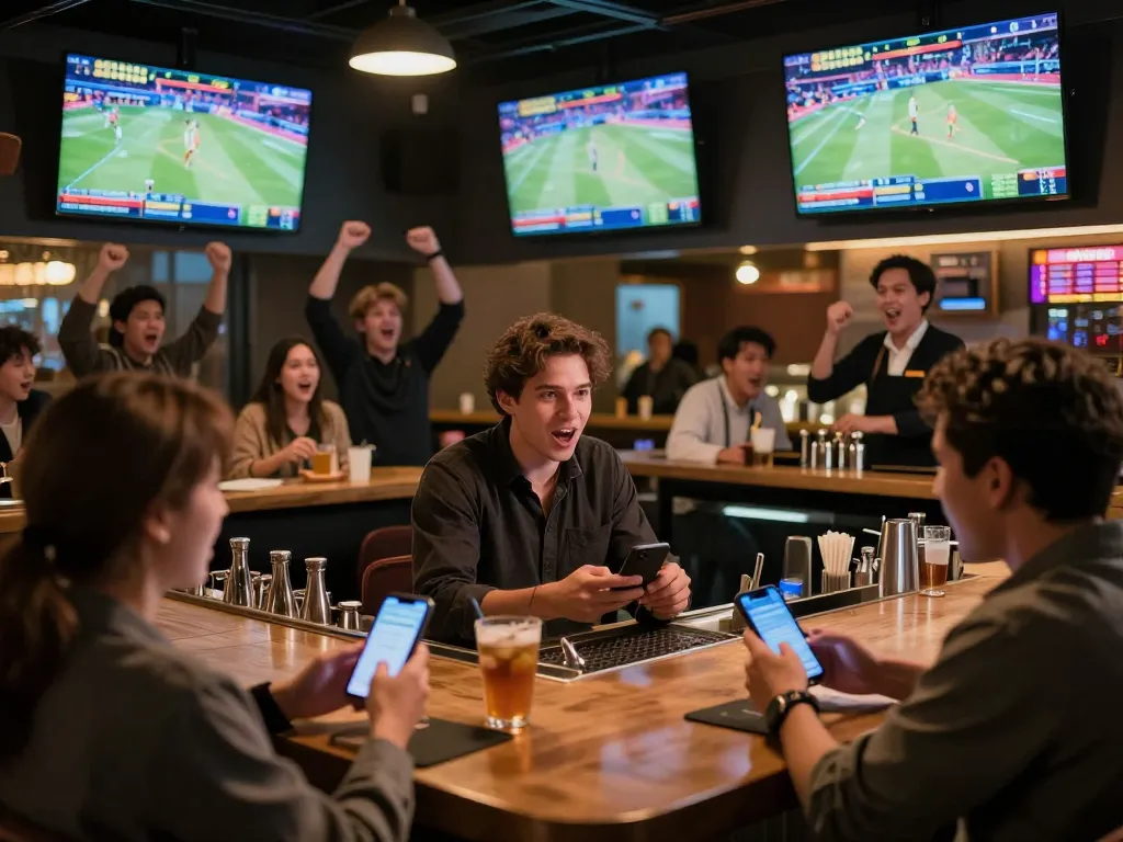 Exciting sports betting atmosphere at FIVE88 with fans cheering and screens showing live games.