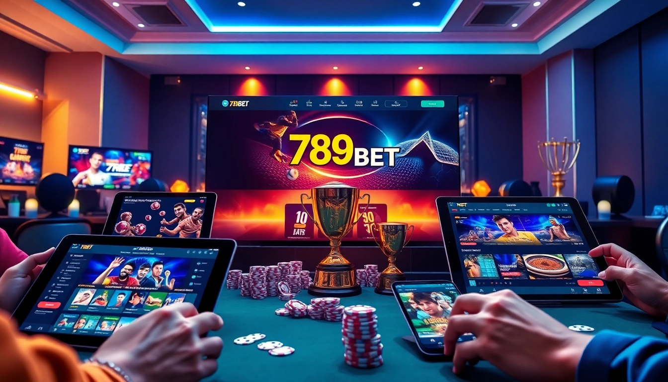 Online gambling at 789b, showcasing live games and interfaces with vibrant colors and digital devices.