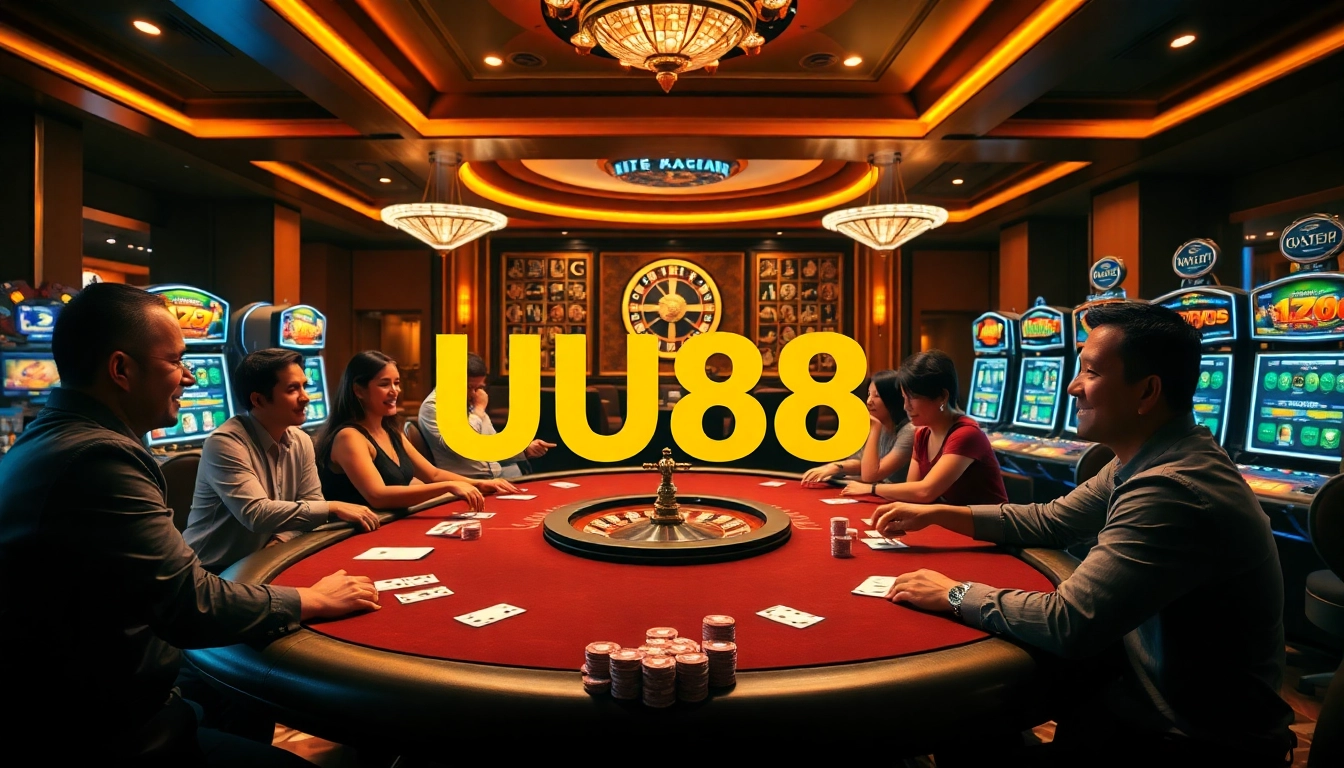UU88 players enjoying a thrilling casino experience with poker chips and roulette.