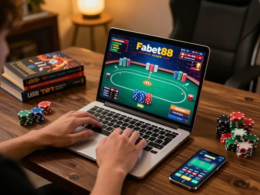 Engaged player strategizing during a Fabet88 online poker game with laptop and chips