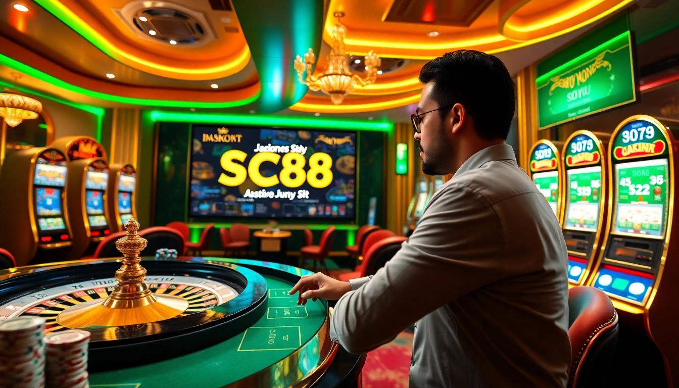 Experience thrilling online gaming at https://sc88vn.com/ with vibrant casino visuals featuring roulette and slot machines.