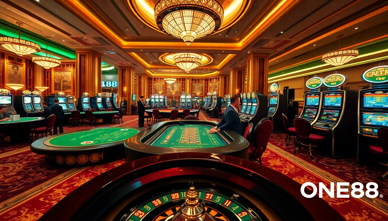 ONE88 casino scene with engaging players at roulette and poker tables in a luxurious setting