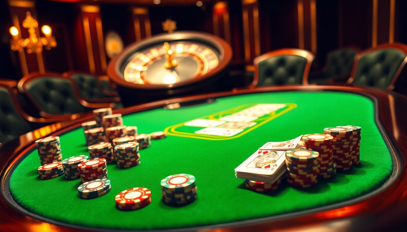 Engage in thrilling poker action at okwin casino with colorful chips and warm lighting.