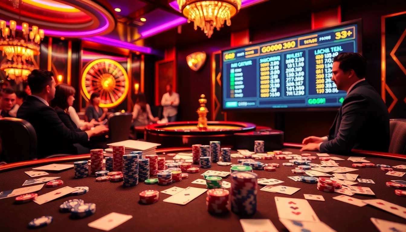 A thrilling casino experience showcasing GO99 with vibrant poker chips and a spinning roulette wheel.