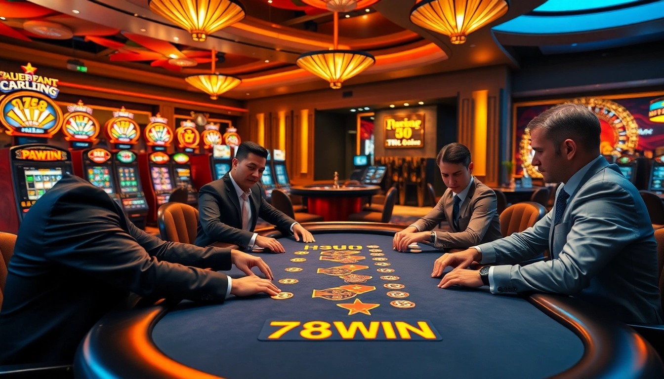 Experience the thrilling atmosphere of 78WIN with intense poker action at a luxury casino table.