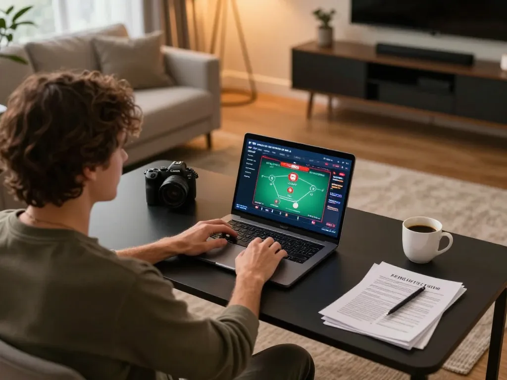 Engaged player strategizing a poker game on laptop for vswin, showcasing responsible gaming