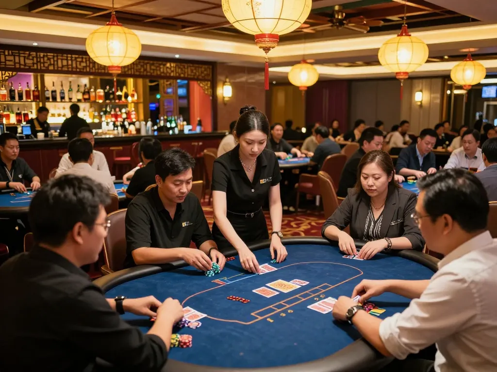 Engaged players at ku88q casino tables with dynamic gameplay and vibrant Asian decor.