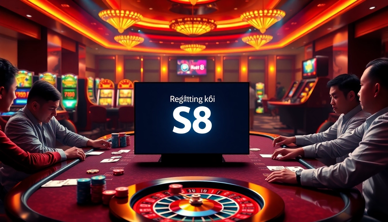 Experience the thrill of Đăng ký S8 with a vibrant casino scene showcasing online betting excitement.