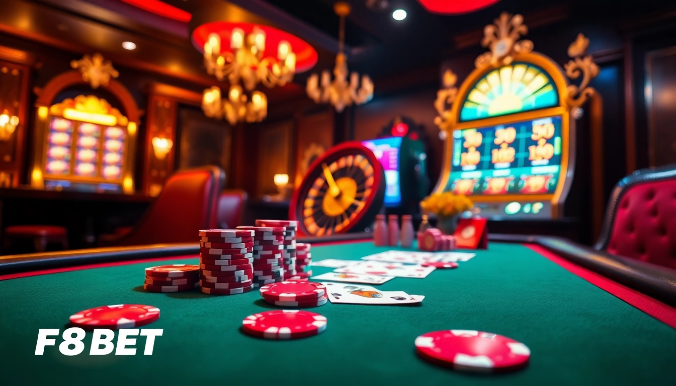Experience thrilling gameplay at F8BET with a luxurious casino scene, showcasing poker, roulette, and slot machines.