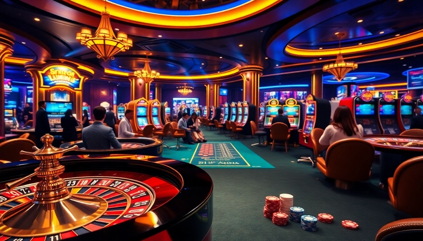 Gambling excitement at https://sky88us.com/ showcasing roulette wheels and poker chips.