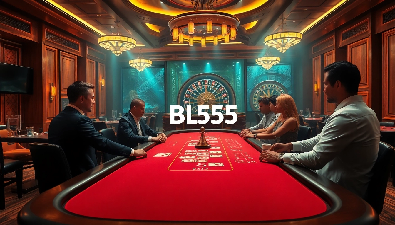Engaged players at a Bl555 poker table enjoying a luxurious casino experience with vibrant poker chips.