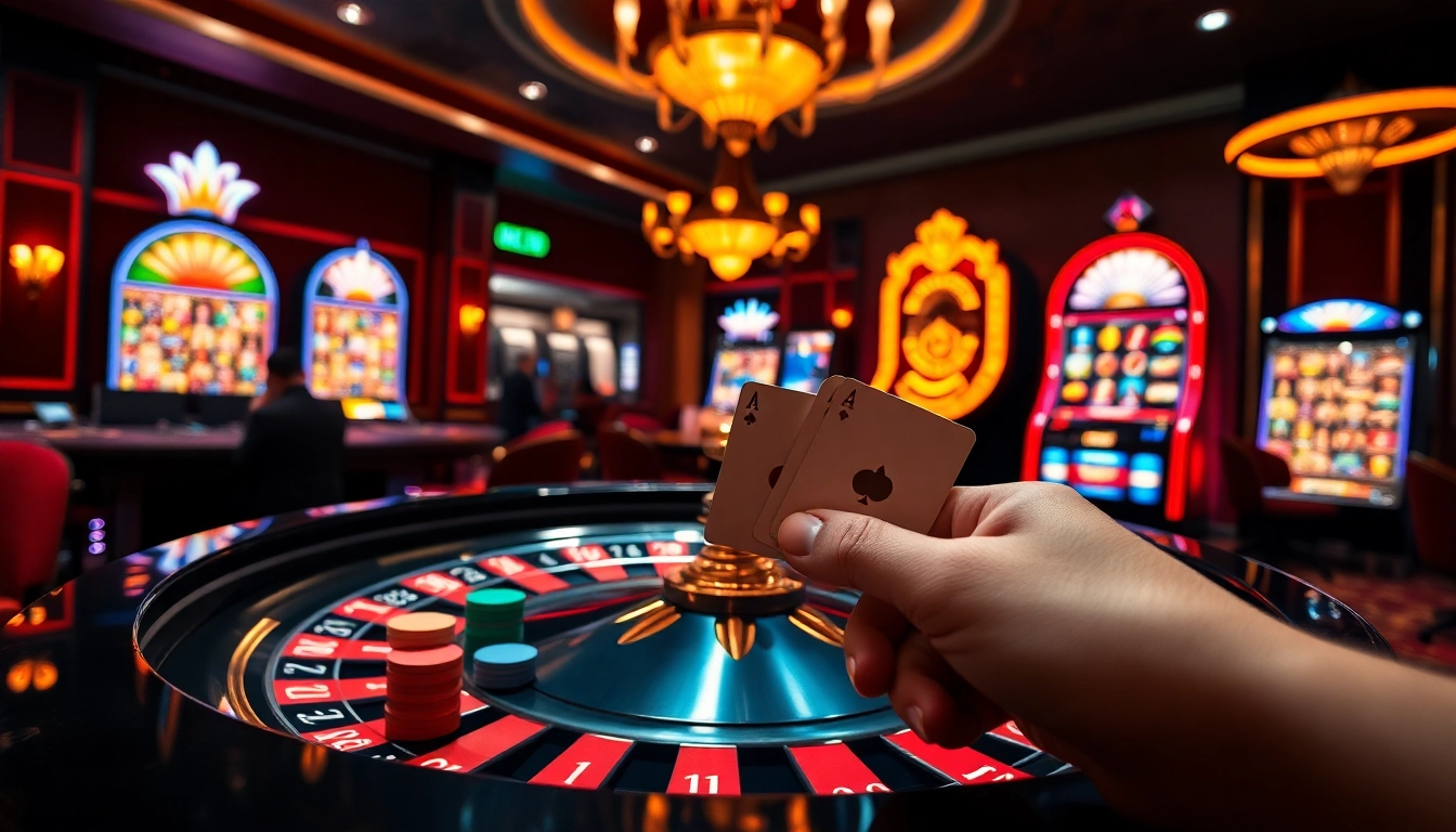 Play the exciting rr88 game at a luxurious casino with vibrant roulette table and slot machines.