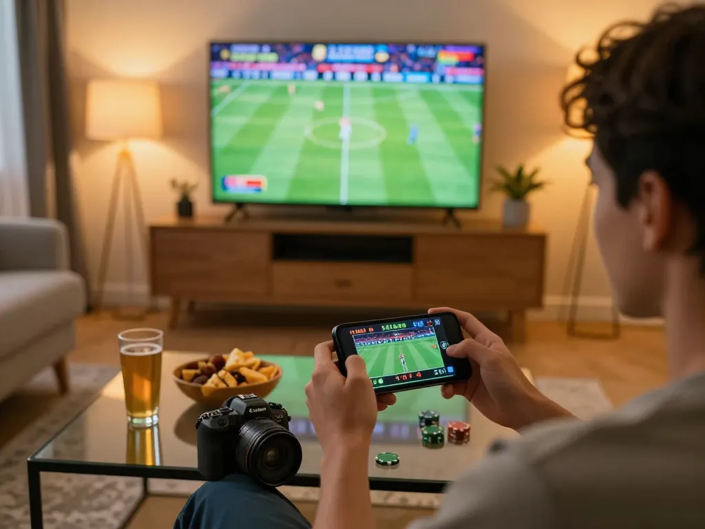Engaging DEBET sports betting scene with a person using their smartphone in a cozy living room