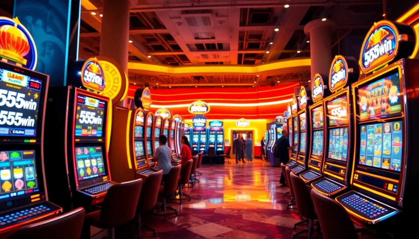Exciting casino scene showcasing 555win slot machines with vibrant lights and joyful players.
