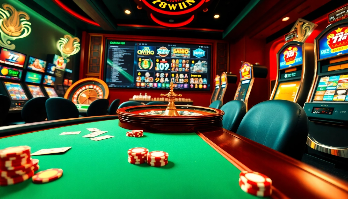 Experience high-stakes excitement at 78Win's luxurious gaming table with vibrant slot machines.