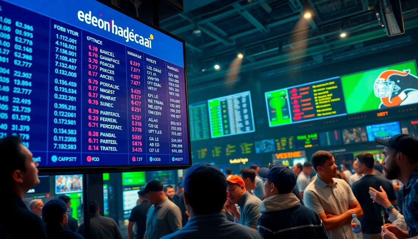 Exciting keonhacai sports betting scene with digital odds display and enthusiastic bettors.