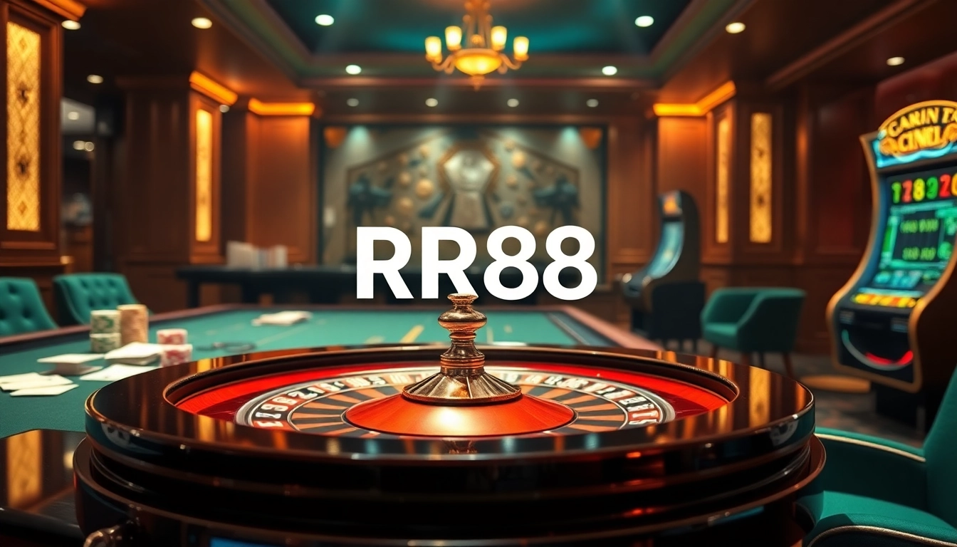 Experience the thrill of RR88 at a luxurious casino with poker chips and a roulette table.