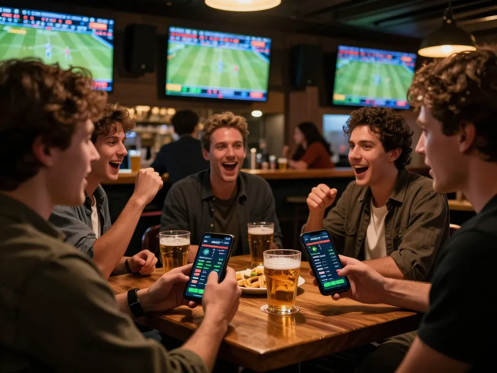 Fabet players engaging in strategic betting while watching live sports at a vibrant bar setting