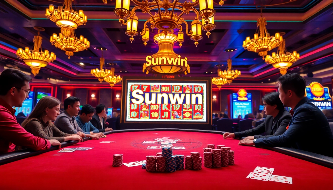 Gambling scene featuring Sunwin poker action with colorful chips and cards, exuding excitement.
