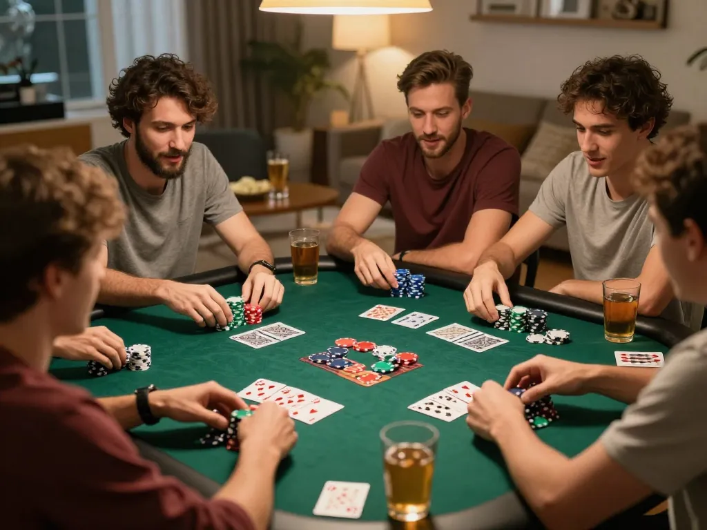 Players enjoying poker night at home, highlighting fun and strategy with UK88 themed games.