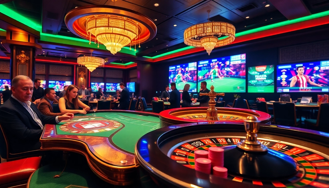 Gamblers experiencing excitement at a casino with screens showing live broadcasts from https://socolive.mobi/.