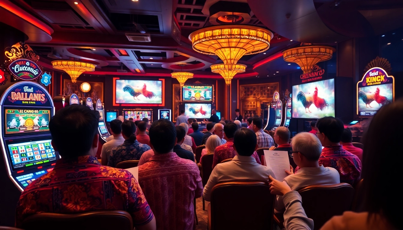 Witness the excitement of đá gà trực tiếp with a vibrant, live betting scene showcasing cockfighting action.
