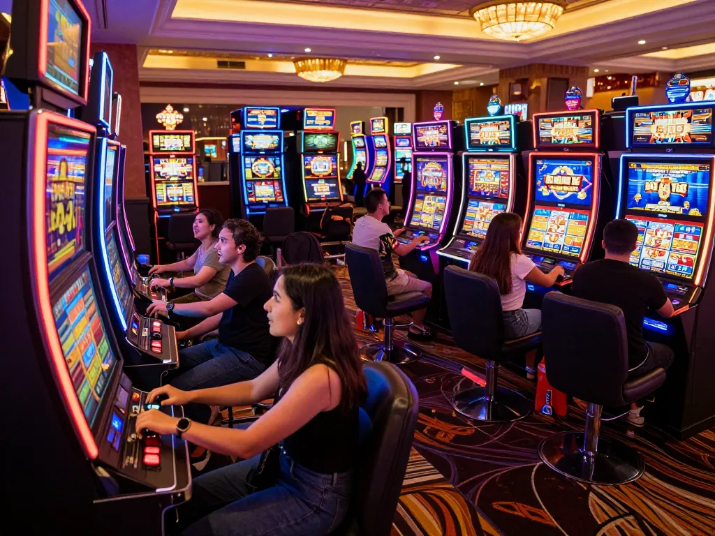 Engaging players enjoying vibrant slot machines at the bustling lucky88mobi casino.