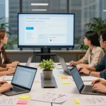 Download Telegram in a modern collaborative workspace with professionals discussing messaging features.